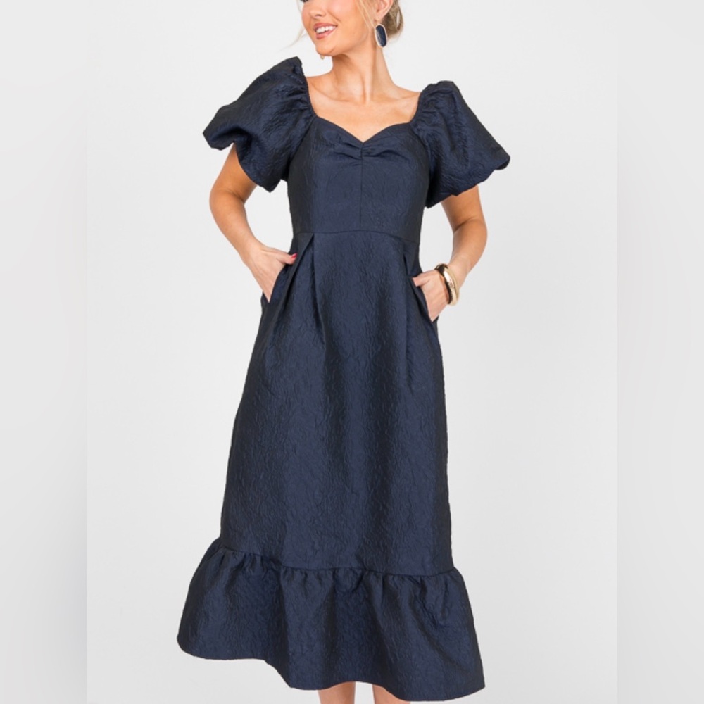 THML Navy Textured Midi Dress with Puff Sleeves